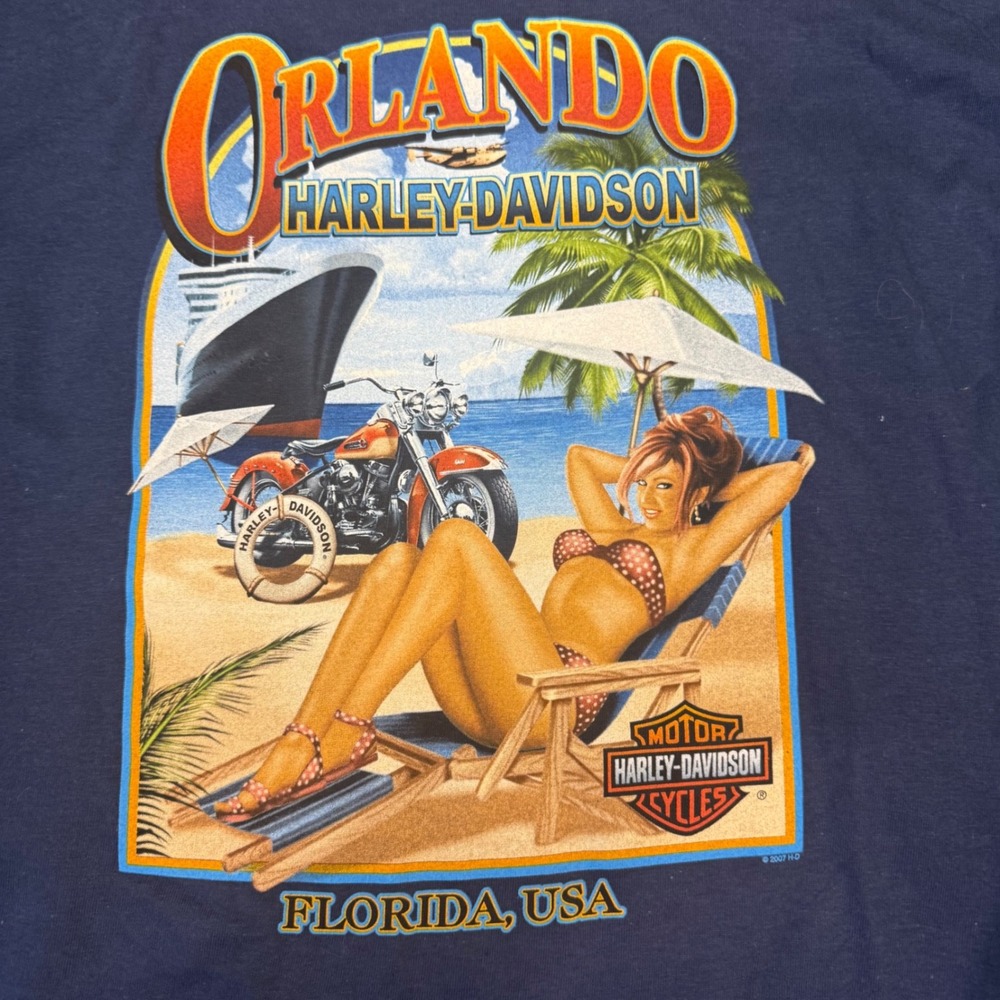 Harley-Davidson Orlando Florida T-Shirt Mens Large Navy Blue 2008 Pinup Graphic - Picture 6 of 6